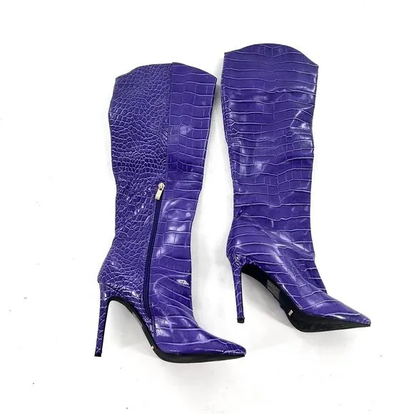 Billini Salaya Tall Croc Boots 6 Violet Purple NWOT Stiletto Heel Knee High Glam