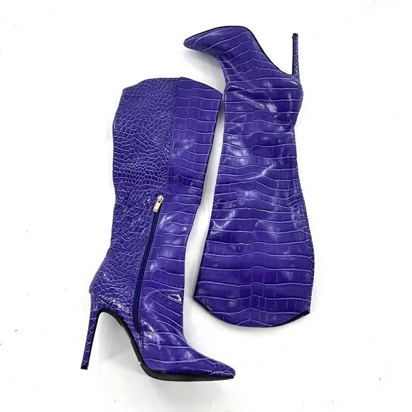 Billini Salaya Tall Croc Boots 6 Violet Purple NWOT Stiletto Heel Knee High Glam