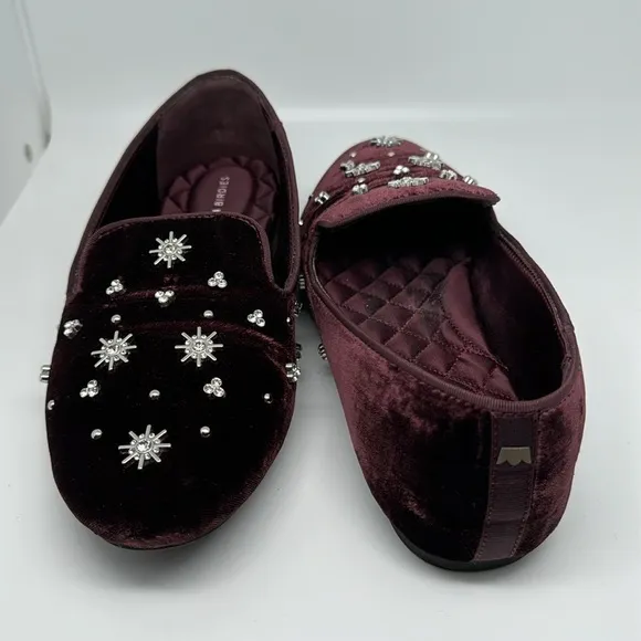 Birdies The Starling Maroon Crystal Velvet Loafer Slip on Flat Shoes Size 7.5