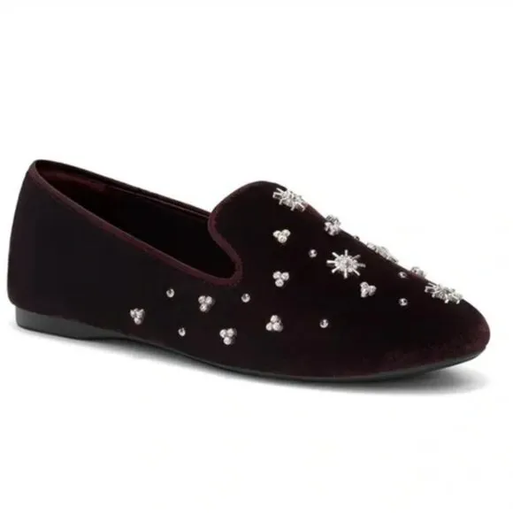 Birdies The Starling Maroon Crystal Velvet Loafer Slip on Flat Shoes Size 7.5