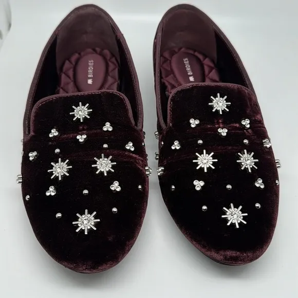 Birdies The Starling Maroon Crystal Velvet Loafer Slip on Flat Shoes Size 7.5