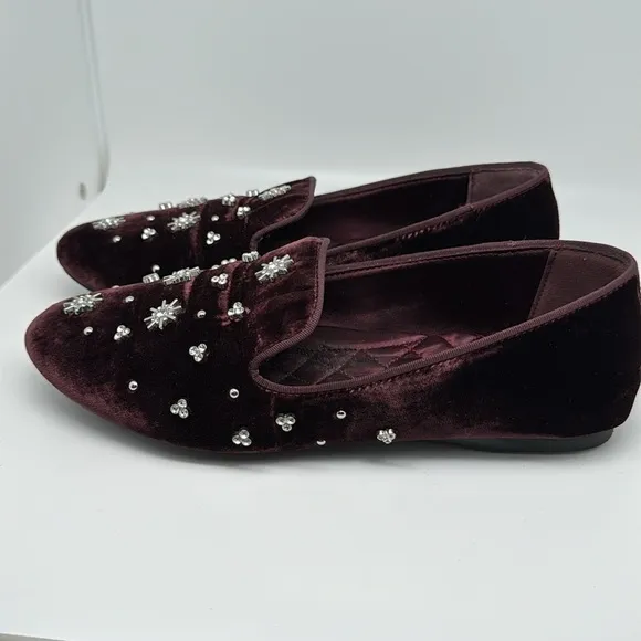 Birdies The Starling Maroon Crystal Velvet Loafer Slip on Flat Shoes Size 7.5