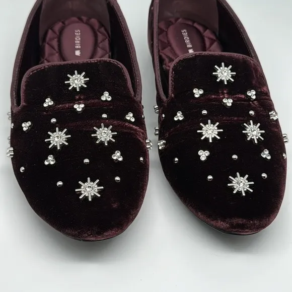 Birdies The Starling Maroon Crystal Velvet Loafer Slip on Flat Shoes Size 7.5