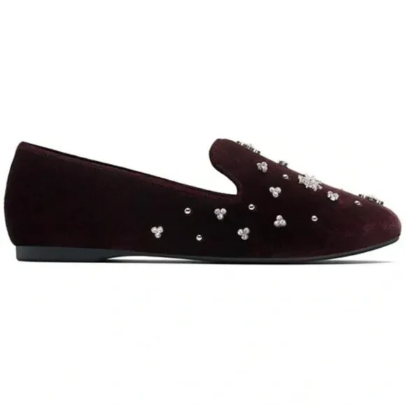 Birdies The Starling Maroon Crystal Velvet Loafer Slip on Flat Shoes Size 7.5