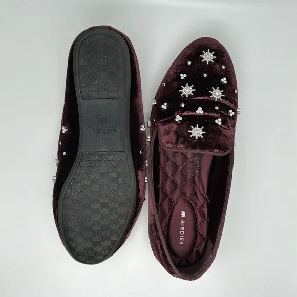 Birdies The Starling Maroon Crystal Velvet Loafer Slip on Flat Shoes Size 7.5