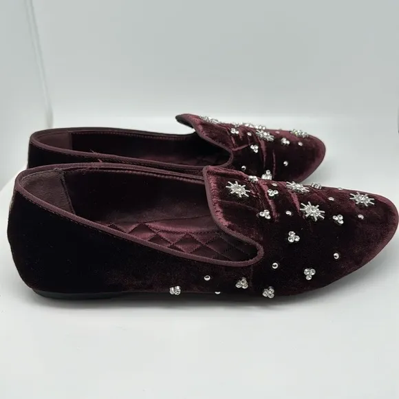Birdies The Starling Maroon Crystal Velvet Loafer Slip on Flat Shoes Size 7.5