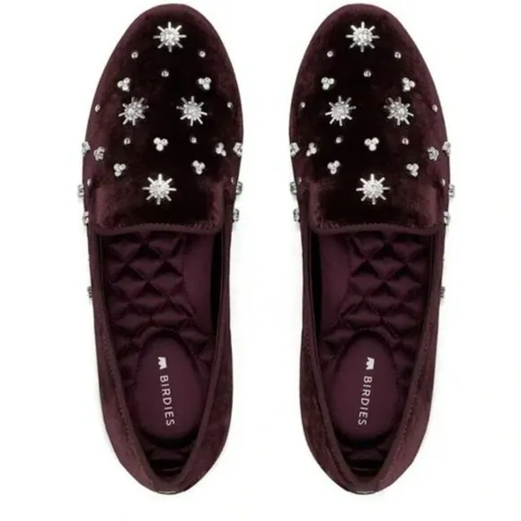 Birdies The Starling Maroon Crystal Velvet Loafer Slip on Flat Shoes Size 7.5