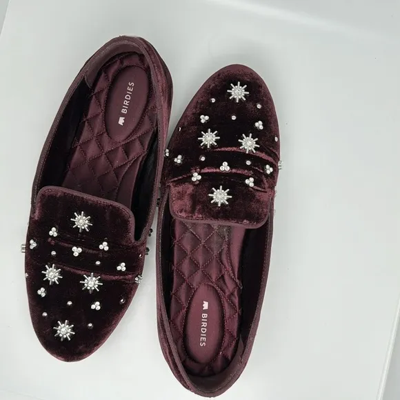 Birdies The Starling Maroon Crystal Velvet Loafer Slip on Flat Shoes Size 7.5
