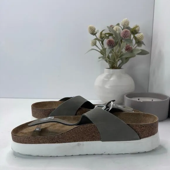 Birkenstock Papillio Gizeh Platform Nubuck Leather Gray Women 8 NWOB Regular Fit