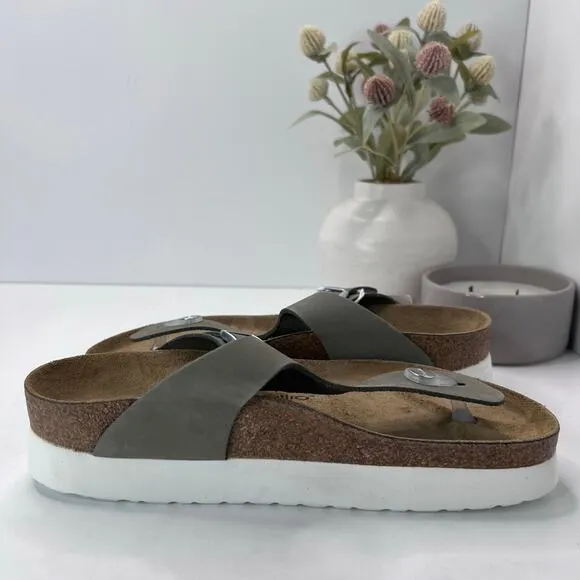Birkenstock Papillio Gizeh Platform Nubuck Leather Gray Women 8 NWOB Regular Fit