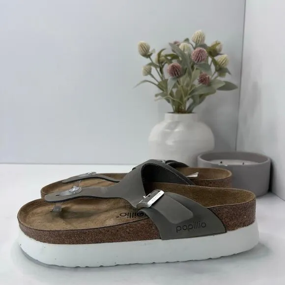 Birkenstock Papillio Gizeh Platform Nubuck Leather Gray Women 8 NWOB Regular Fit