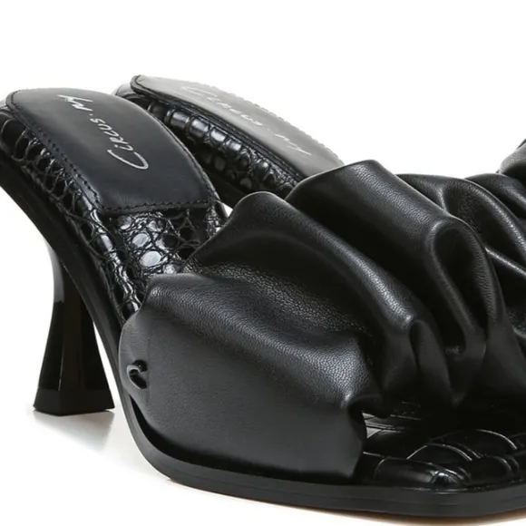 Black Shimmer Ruffel Heeled Sandals Dress  Sandal NWT Leather Slipon Mules