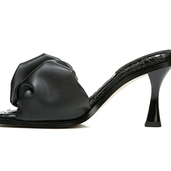 Black Shimmer Ruffel Heeled Sandals Dress  Sandal NWT Leather Slipon Mules