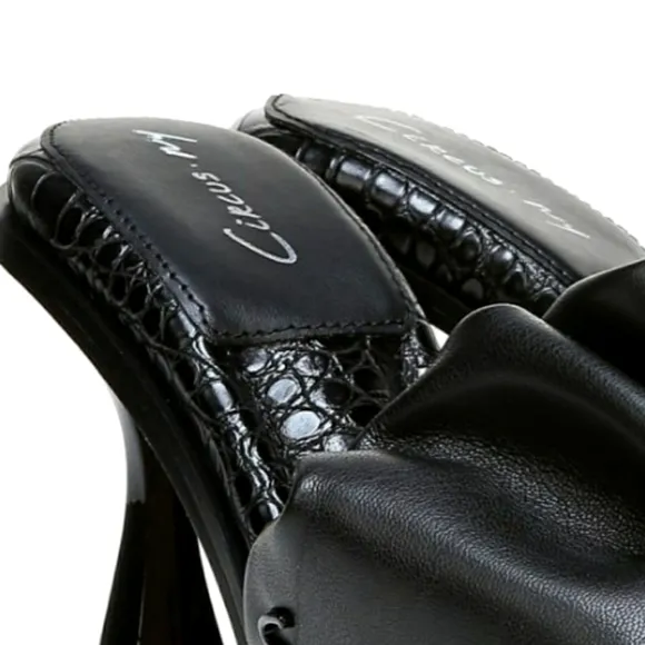 Black Shimmer Ruffel Heeled Sandals Dress  Sandal NWT Leather Slipon Mules