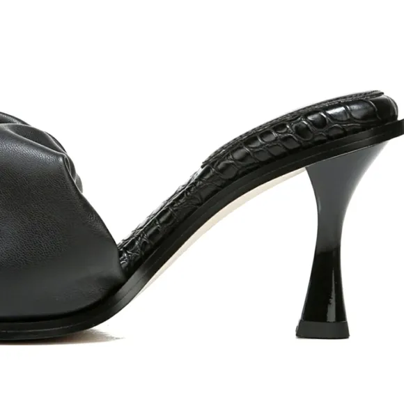 Black Shimmer Ruffel Heeled Sandals Dress  Sandal NWT Leather Slipon Mules
