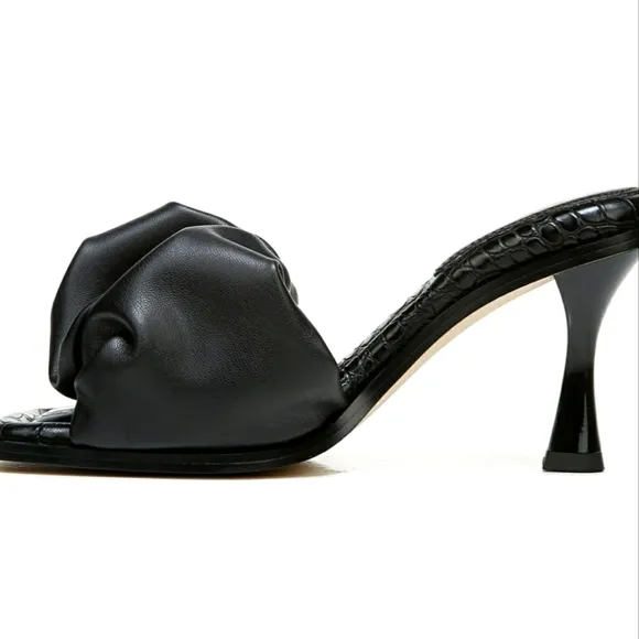 Black Shimmer Ruffel Heeled Sandals Dress  Sandal NWT Leather Slipon Mules