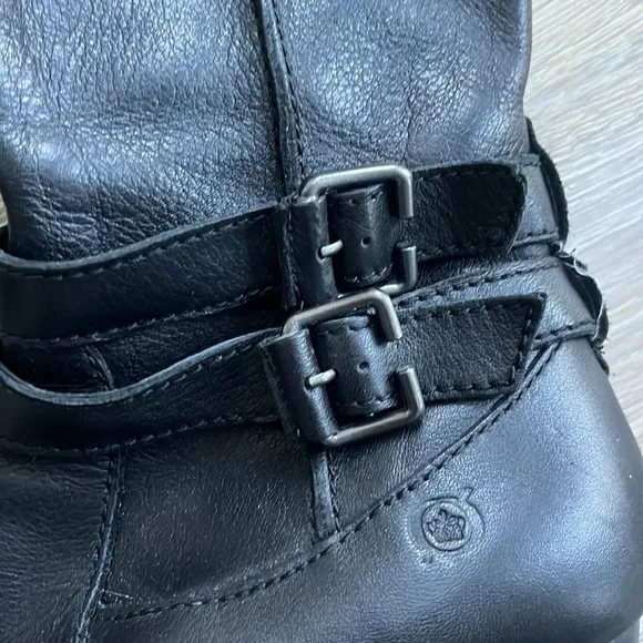 Born Lewisa knee high black stacked heel leather boots