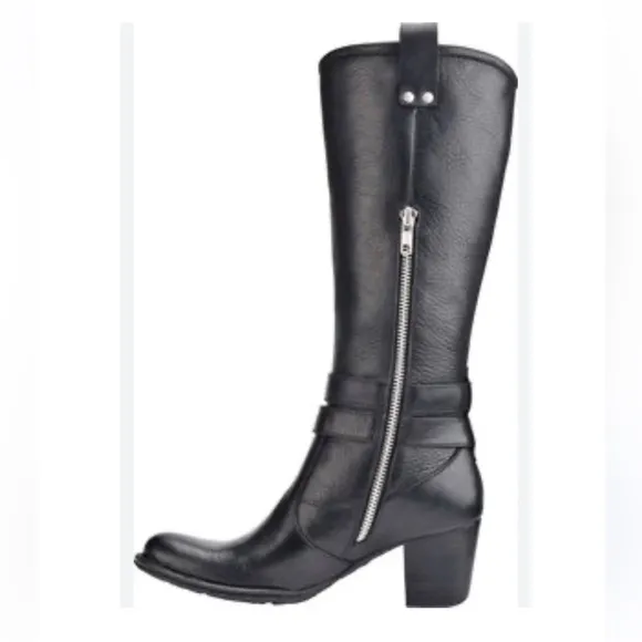 Born Lewisa knee high black stacked heel leather boots