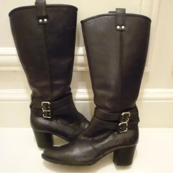 Born Lewisa knee high black stacked heel leather boots