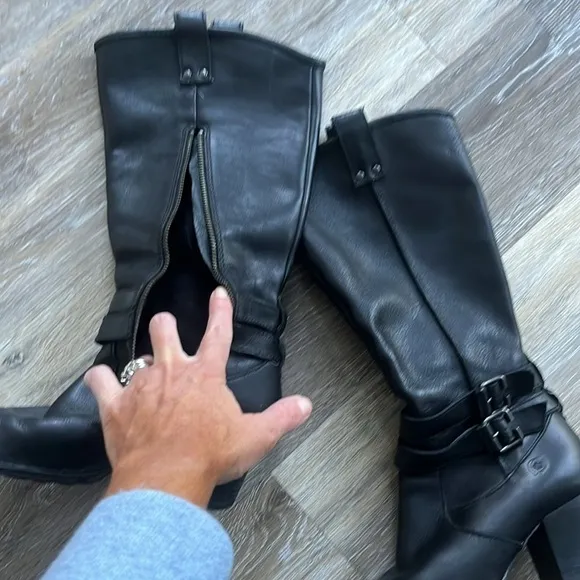 Born Lewisa knee high black stacked heel leather boots