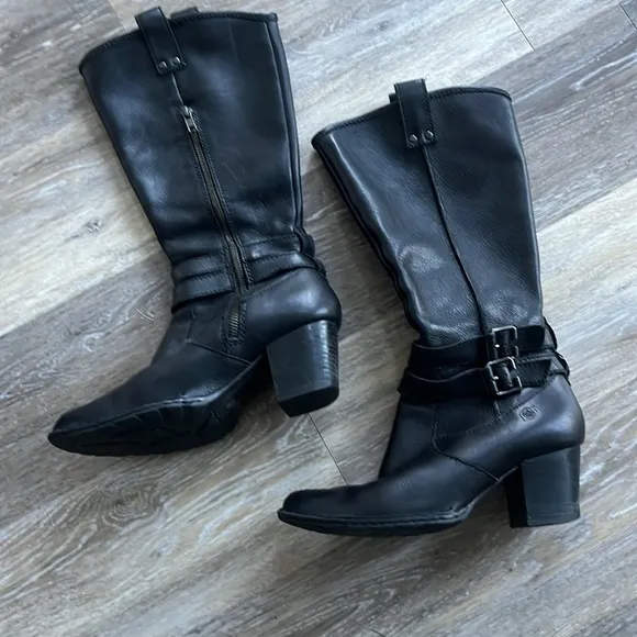 Born Lewisa knee high black stacked heel leather boots