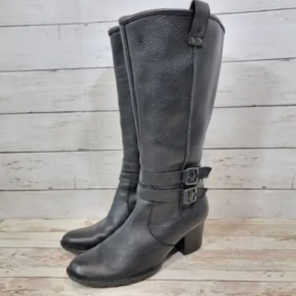 Born Lewisa knee high black stacked heel leather boots