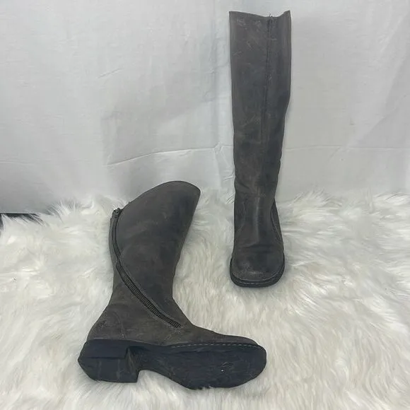 Born Distressed Brown Asymmetrical Zip Knee High Boots Sz 6.5