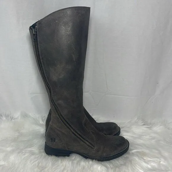Born Distressed Brown Asymmetrical Zip Knee High Boots Sz 6.5