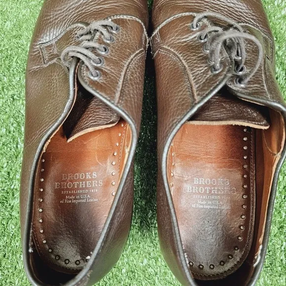 Brooks Brothers Brown Pebble Grain Leather Plain‎ Toe Bluchers Derby Shoes 11