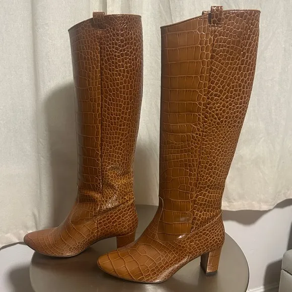 Brown Croc-Embossed Knee-High Boots