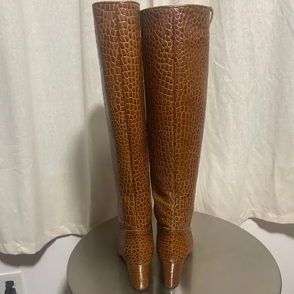 Brown Croc-Embossed Knee-High Boots