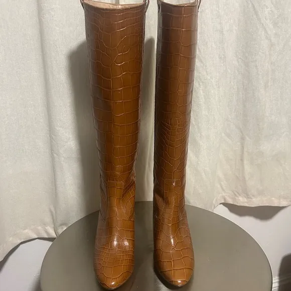 Brown Croc-Embossed Knee-High Boots