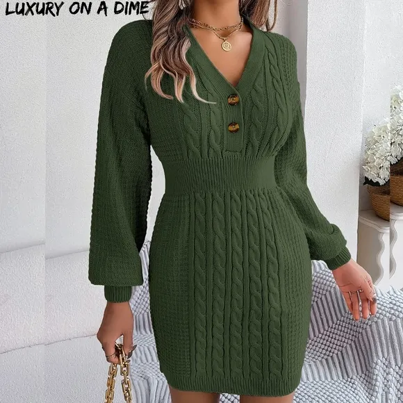 Cable Waffle Knit Blend Sweater Dress Buttoned V-neck Long Sleeve Mini Green