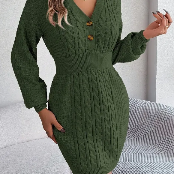 Cable Waffle Knit Blend Sweater Dress Buttoned V-neck Long Sleeve Mini Green