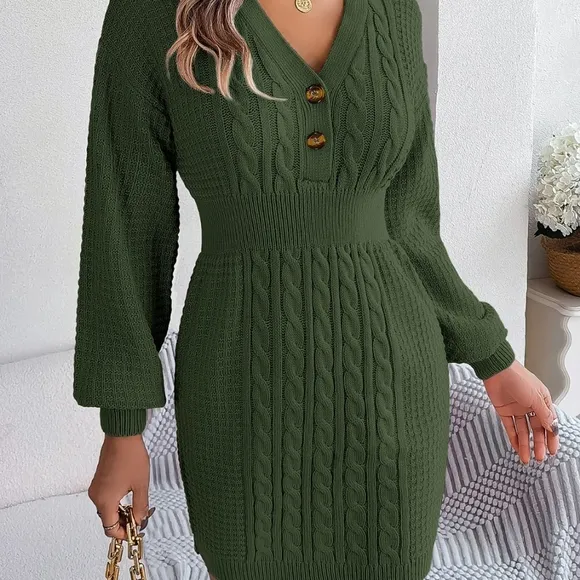 Cable Waffle Knit Blend Sweater Dress Buttoned V-neck Long Sleeve Mini Green