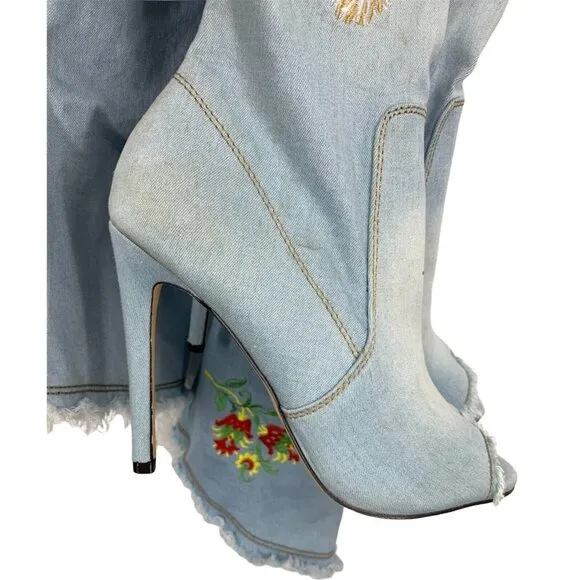 Cape Robbin Denim Tiger Boots Denim 9M 9 Medium Embroidery Fringe Knee High S5
