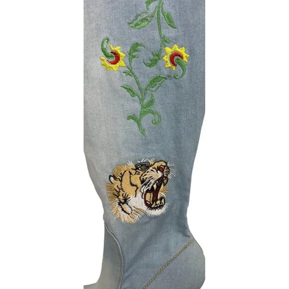 Cape Robbin Denim Tiger Boots Denim 9M 9 Medium Embroidery Fringe Knee High S5