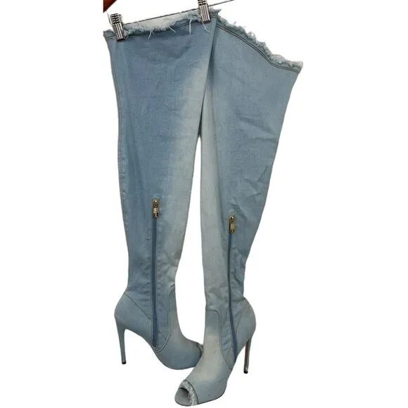 Cape Robbin Denim Tiger Boots Denim 9M 9 Medium Embroidery Fringe Knee High S5