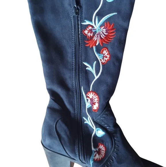 Carlos by Carlos Santana Alexia Floral Embroidered Knee-High Boots - Navy Blue