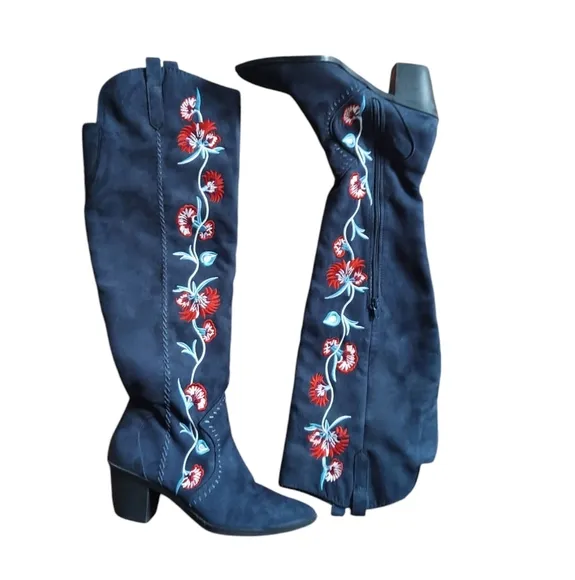 Carlos by Carlos Santana Alexia Floral Embroidered Knee-High Boots - Navy Blue