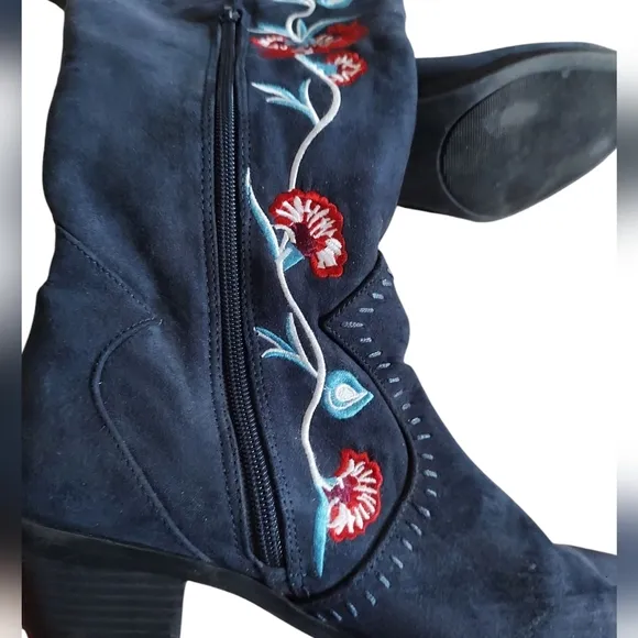 Carlos by Carlos Santana Alexia Floral Embroidered Knee-High Boots - Navy Blue