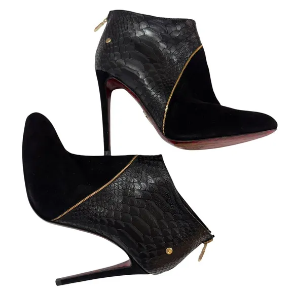 Cesare Paciotti Black Snake Leather &amp; Suede Stiletto Heel Ankle Boots L37/R38