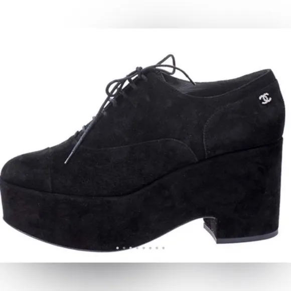 Chanel 31343 Black Suede Platform Oxfords 39.5
