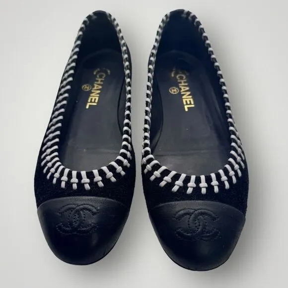 Chanel Suede Leather Whipstitch Ballet Flats 38