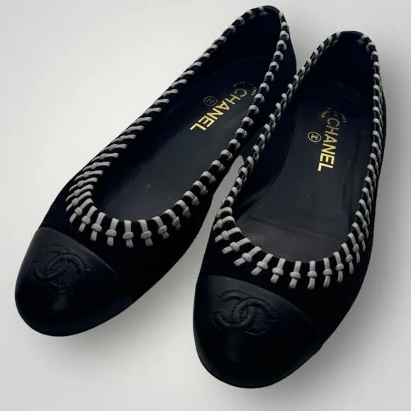 Chanel Suede Leather Whipstitch Ballet Flats 38