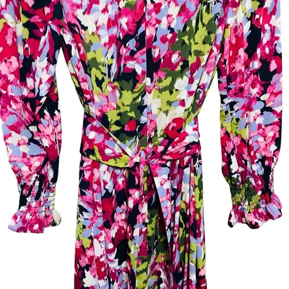 Chico’s NEW Pink Colorful Floral Maxi Hidden Button Down Belted Shirt Dress Sz 8