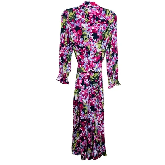 Chico’s NEW Pink Colorful Floral Maxi Hidden Button Down Belted Shirt Dress Sz 8