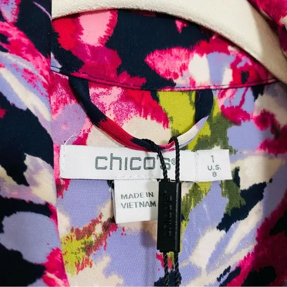 Chico’s NEW Pink Colorful Floral Maxi Hidden Button Down Belted Shirt Dress Sz 8