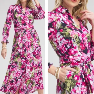Chico’s NEW Pink Colorful Floral Maxi Hidden Button Down Belted Shirt Dress Sz 8