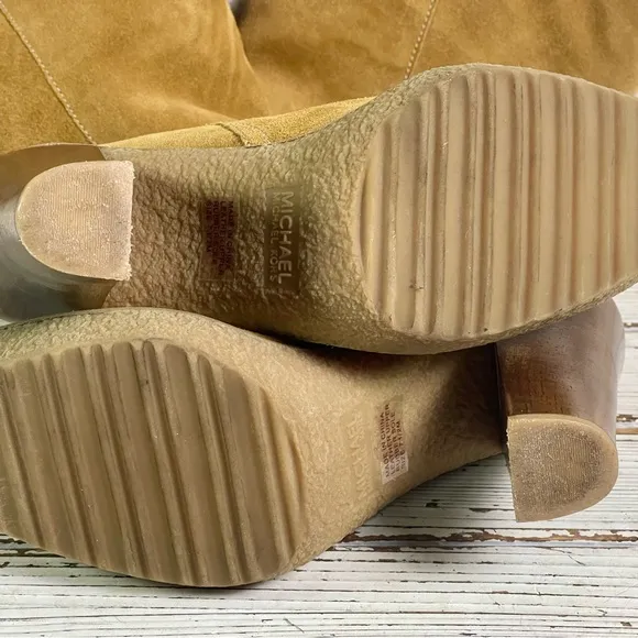 CLEANED 7.5 Michael Kors Derby Shearling Suede Camel Knee High Heel Boots